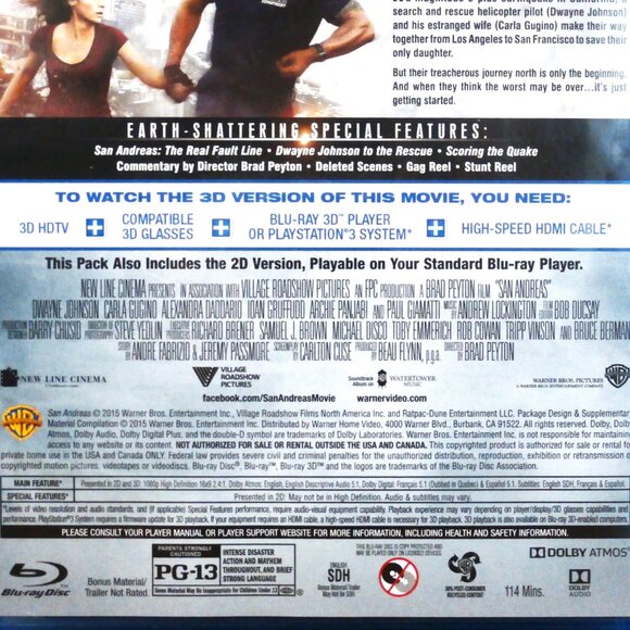 3D SAN ANDREAS (Blu-ray, 2015) 3D Blu-ray + Blu-ray, 2-Disc Set, Dwayne Johnson - Picture 4 of 5